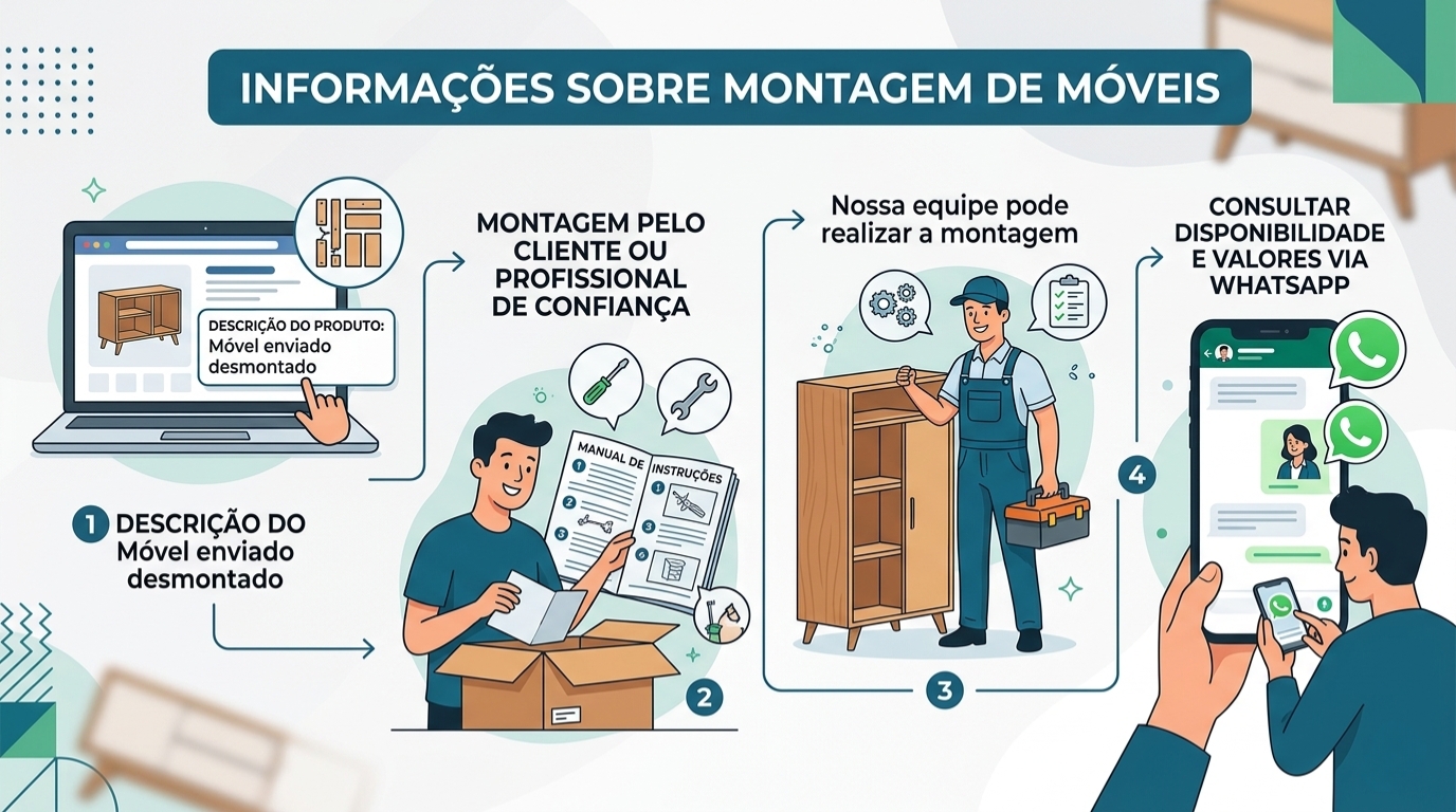 As informações sobre montagem de cada produto estão disponíveis na descrição da página do produto, onde é indicado se o móvel é enviado montado ou desmontado. Nos casos em que o produto é enviado desmontado, a montagem poderá ser realizada pelo próprio cliente ou por um profissional de sua confiança, utilizando o manual de instruções que acompanha o produto. Caso o cliente prefira, nossa equipe também pode realizar a montagem do móvel, mediante consulta prévia de disponibilidade e valores junto ao nosso atendimento pelo WhatsApp. Montagem de Móveis